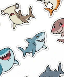 A collection of cute cartoon sharks with various expressions, including a hammerhead, whale shark, and great white.
