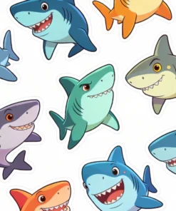 A collection of various cartoon sharks with big smiles and sharp teeth, featuring different colors like blue, green, purple, and orange.