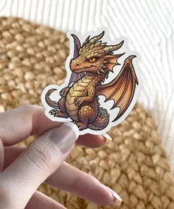 An adorable cartoon fantasy dragon sticker with warm orange and brown scales, small horns, and large leathery wings, perfect for fantasy lovers.