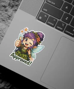 A whimsical fairy with purple hair and wings gives a thumbs up and winks, with "Approved!" written below her.
