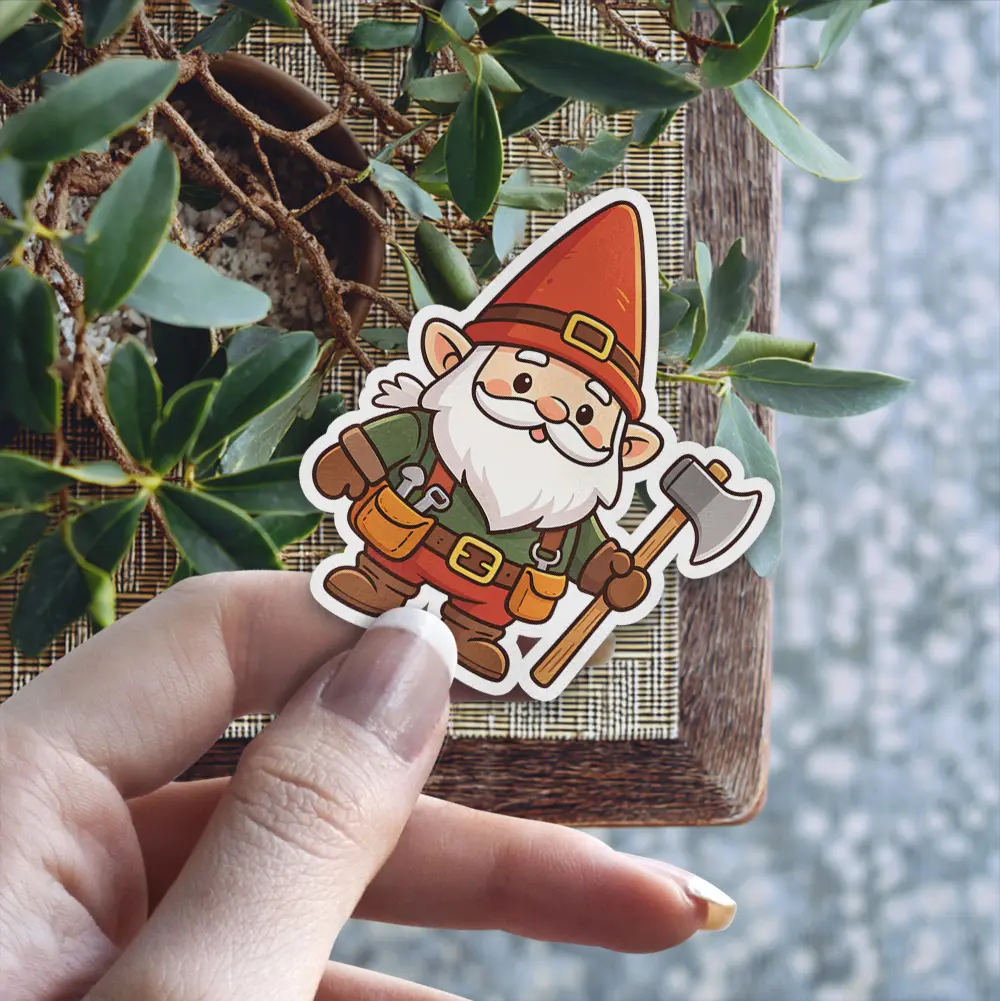 A charming cartoon garden gnome sticker with a white beard, red hat, green shirt, brown tool belt, and an axe.