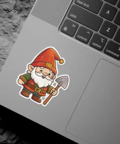 A friendly cartoon garden gnome wearing a red hat and green tunic, holding a small gray shovel, ready for gardening adventures.