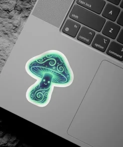 A kawaii glowing mushroom character with a smiling face and intricate swirling patterns, rendered in neon green and blue hues.
