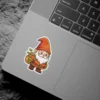 A cheerful gnome wearing an orange hat and outfit, carrying a backpack with a plant sprout, rendered in a cartoon style.