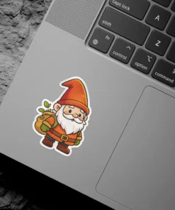 A cheerful gnome wearing an orange hat and outfit, carrying a backpack with a plant sprout, rendered in a cartoon style.