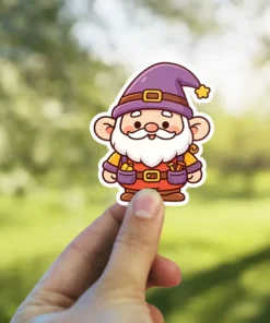A cute cartoon gnome sticker wearing a purple hat and red overalls with a tool belt, ready for work.
