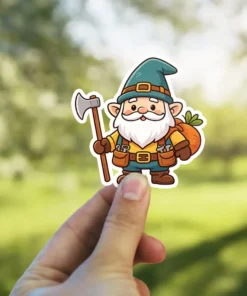 A charming cartoon illustration of a friendly gnome character with a white beard, wearing a green hat, holding an axe, and carrying a sack of carrots.