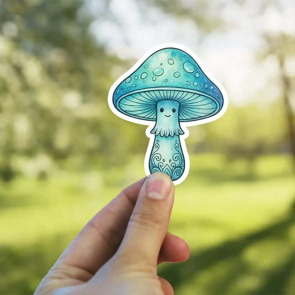 A whimsical blue mushroom sticker featuring a cute smiling face, speckled cap, and decorative swirled stem, perfect for fantasy enthusiasts.