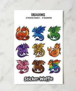 A sticker sheet featuring nine cute, cartoon-style dragons in various colors and poses.