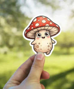 A kawaii mushroom character with a red cap dotted with white spots, rosy cheeks, and a smiling face.