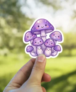 A group of smiling, kawaii-style purple mushrooms with glittery caps and white polka dots.