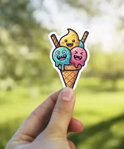 A cute kawaii-style sticker of an ice cream cone with three colorful, happy scoops, each with a funny cartoon face.