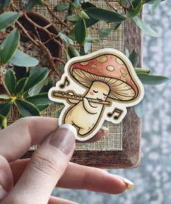A cute mushroom character with closed eyes plays a flute, with musical notes floating around it.