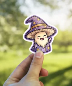 A kawaii mushroom character wearing a starry wizard hat and robe waves happily.