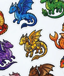 A collection of diverse, stylized dragon stickers in various colors and designs.
