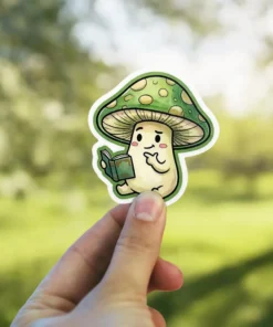 A charming vinyl sticker depicts a cheerful mushroom character engrossed in reading a small book.