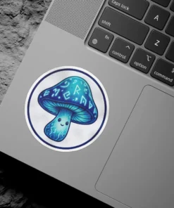 A circular sticker featuring a glowing blue mushroom with a happy face, adorned with ancient runes and a shimmering border.