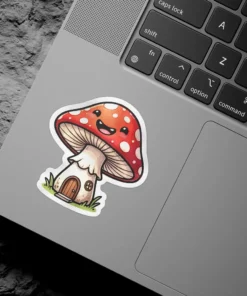 A cheerful mushroom house sticker with a smiling face, red cap, and white spots.