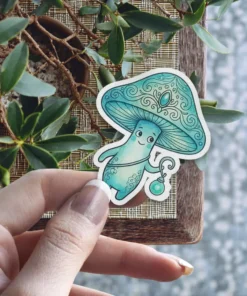 A cute, anthropomorphic turquoise mushroom character with a smiling face holds a small glowing orb lantern.
