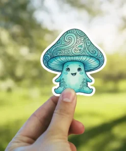 A cute teal mushroom character with a smiling face and swirling patterns on its cap is held up against a blurred green background.