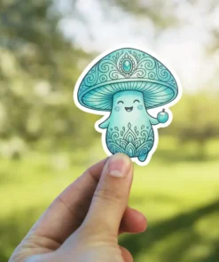 A cheerful, light blue mushroom character sticker featuring intricate mandala patterns on its cap and base, holding a small apple.