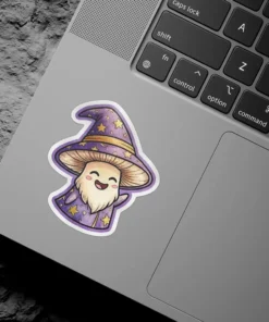 A cute, smiling mushroom character dressed as a wizard, wearing a purple, star-patterned robe and hat.