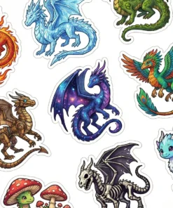 A collection of diverse mythical dragons, including fire, ice, steampunk, galaxy, skeletal, and feathered designs, printed on a vinyl sticker sheet.