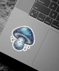 A whimsical mushroom sticker with closed eyes and a crescent moon cap adorned with stars and hanging celestial elements.