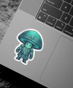 A cute warrior mushroom character with intricate armor and a patterned cap, rendered in shades of teal and green.