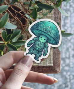 A whimsical mushroom character with ornate armor, depicted as a vinyl sticker.