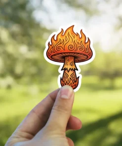 A vinyl sticker depicts a mushroom with a cap shaped like flames and a stem adorned with tribal patterns.