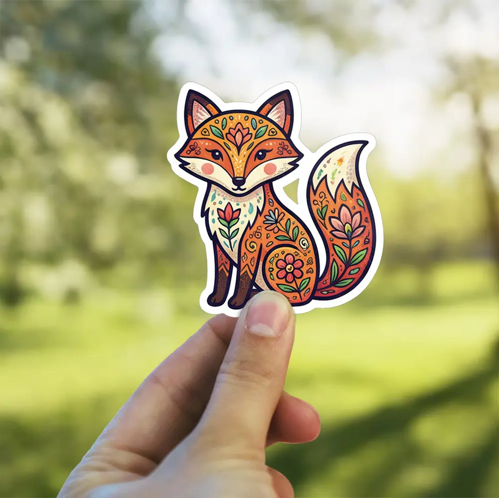 A cute sitting fox is decorated with intricate red, green, and orange folk art floral patterns.