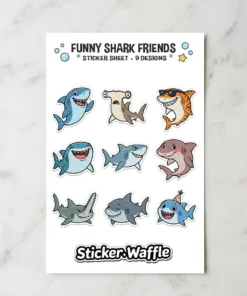 A sheet of nine individual stickers featuring various cartoon sharks with different funny expressions and accessories.