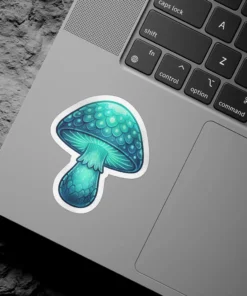 A glowing turquoise mushroom sticker with a detailed cap and stem.