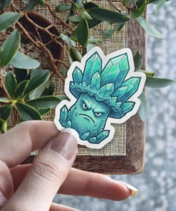 A grumpy-faced mushroom character made entirely of blue-green crystals.