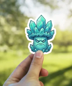 A disgruntled crystal mushroom character sticker with a teal gemstone body and an angry facial expression, perfect for gaming or fantasy fans.