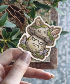 A grumpy mushroom character made of rocks and crystals.
