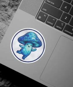 A cartoon mushroom character with a smiling face and blue, checkered body stands with arms outstretched in a playful pose.
