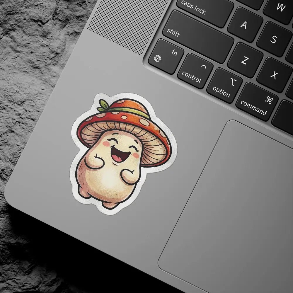 A cheerful, round cartoon mushroom character wearing a red and orange spotted hat. It has a wide smile and closed eyes, with its stubby arms raised.