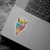 An illustration of a waffle cone holding three smiling, colorful ice cream scoops: blue, yellow, and pink, each with unique happy expressions.