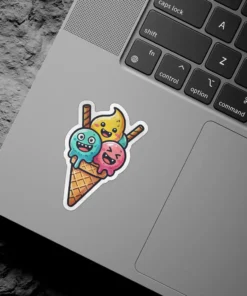 An illustration of a waffle cone holding three smiling, colorful ice cream scoops: blue, yellow, and pink, each with unique happy expressions.