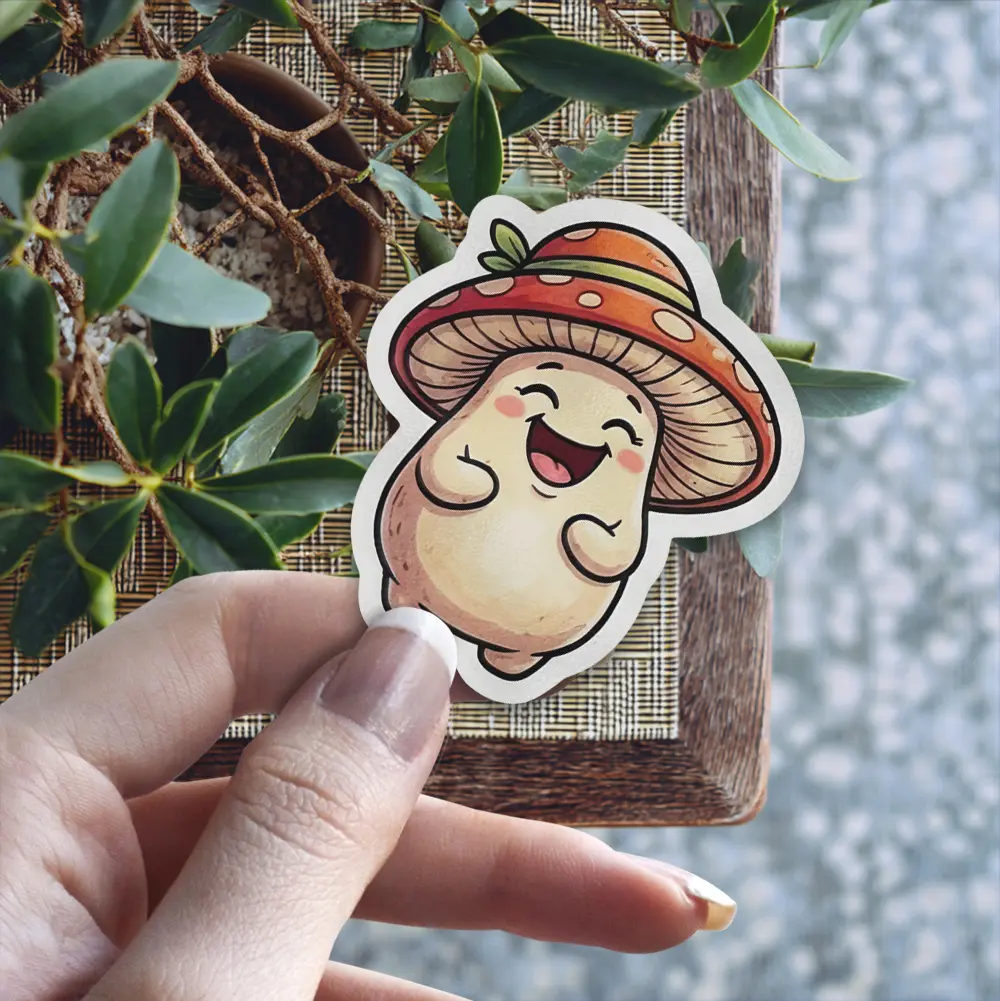 A whimsical sticker features a smiling mushroom character wearing a spotted hat, held by a person's hand.