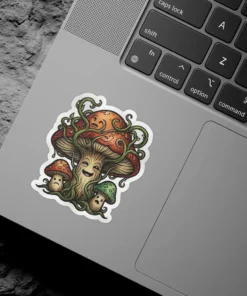 A vinyl sticker featuring a happy, smiling large mushroom with vines and two smaller, smiling mushrooms.