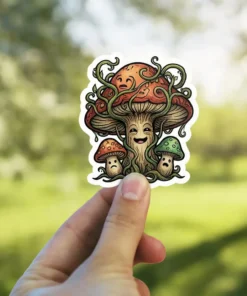 A cartoon sticker depicting a family of mushrooms with vines and expressive faces.
