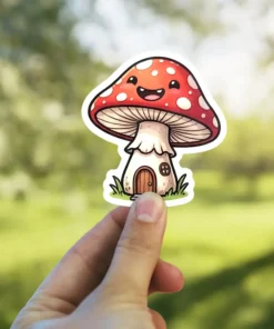 A cute, smiling cartoon mushroom house with a red spotted cap and a tiny wooden door, perfect for decorating.