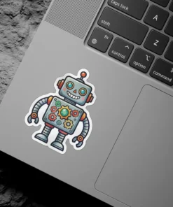 A friendly gray cartoon robot sticker with big blue eyes, a happy smile, and colorful gears on its chest.