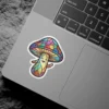 A happy, smiling mushroom sticker designed to look like stained glass with colorful panels.