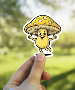 A cartoon yellow mushroom character with a wide smile and outstretched arms, rendered in a retro comic style, is shown against a blurred green background.