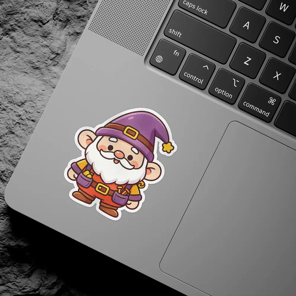 A cute cartoon gnome sticker with a white beard, purple hat, and orange overalls with tools in the pockets.