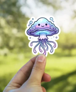 A kawaii cartoon jellyfish sticker with a smiling face and trailing tentacles is held between fingers.